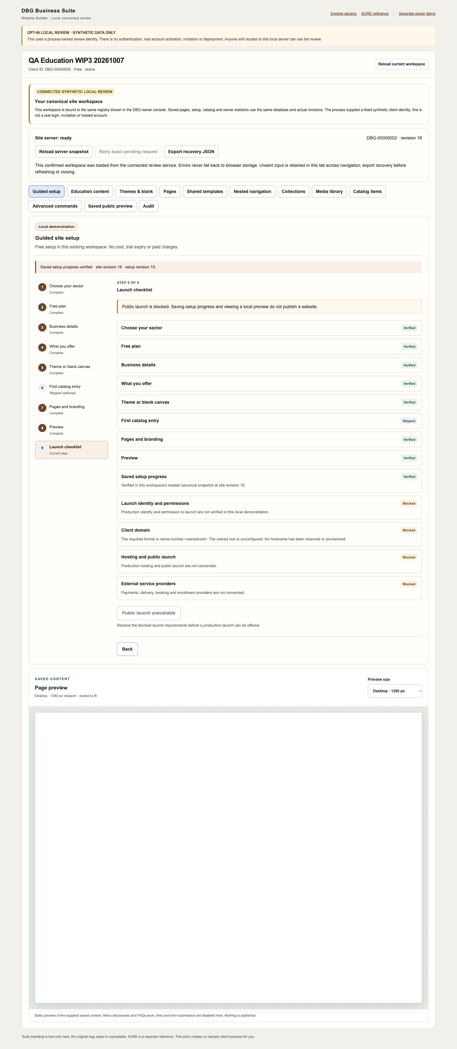 Historical synthetic Website Builder saved setup checklist after refresh